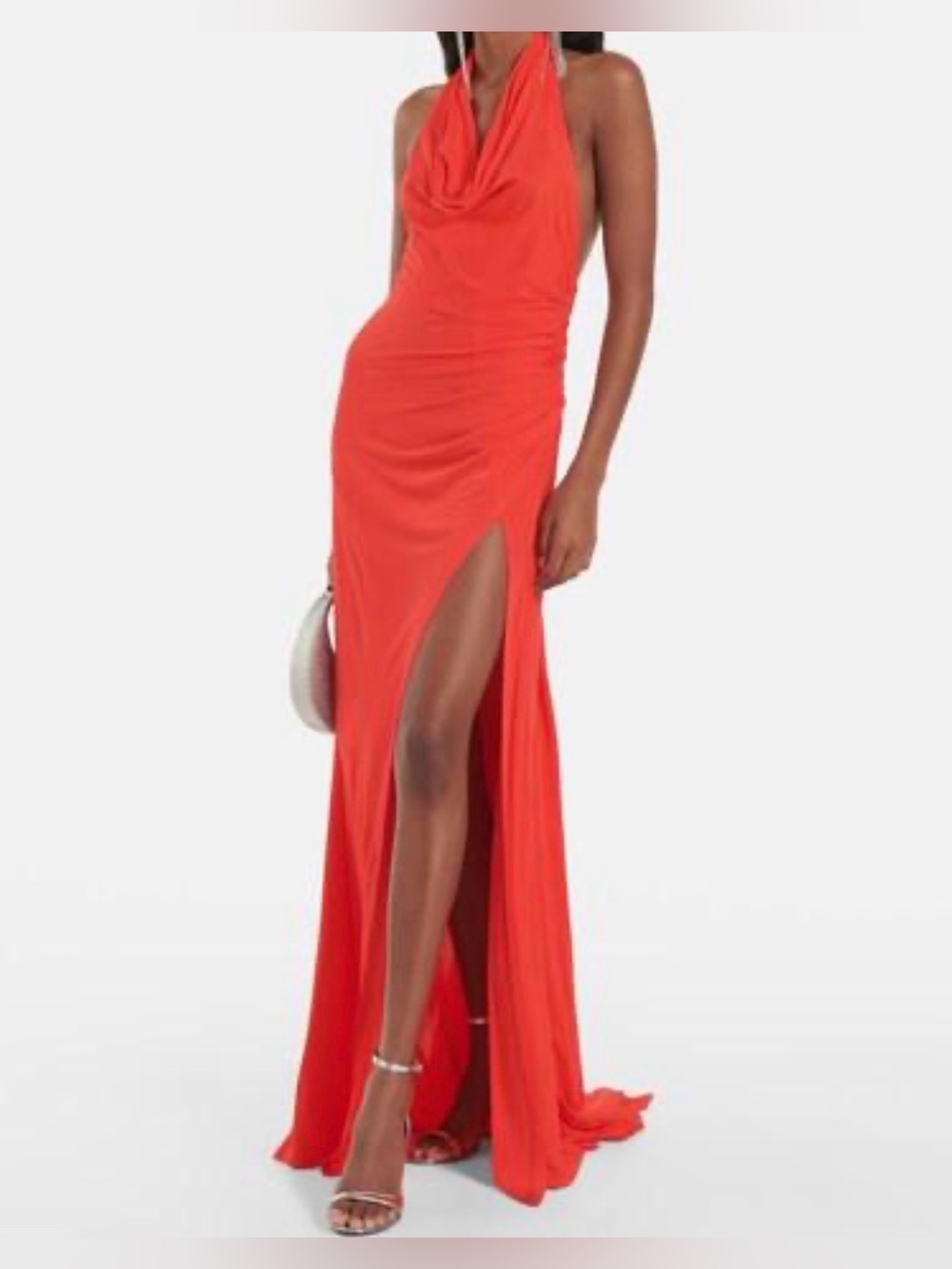 STAUD Coral-Red Cowl Neck Halter Maxi Dress with High Slit